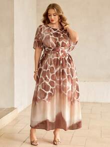 Roveilla Robe maxi ample à manches lanternes avec nœud papillon, imprimé floral, col rond, taille croisée, doublure, pour femmes grandes tailles, style romantique français, élégant, décontracté, pour le travail, les vacances, le thé de l'après-midi - Tabac - Voir 1