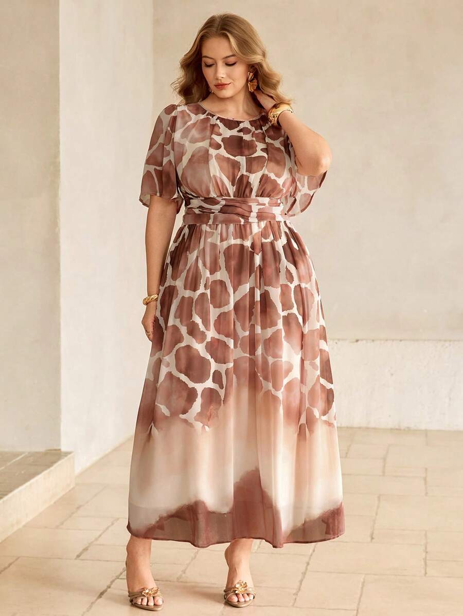 Roveilla Robe maxi ample à manches lanternes avec nœud papillon, imprimé floral, col rond, taille croisée, doublure, pour femmes grandes tailles, style romantique français, élégant, décontracté, pour le travail, les vacances, le thé de l'après-midi - Tabac - Voir 1