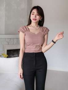 Wynsel Solid Color Short Sleeve T-Shirt With Heart-Shaped Collar And Pleats Summer,Ruffle - Dusty Purple - View 4