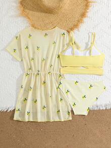SHEIN 青少年女孩夏季海灘度假檸檬印花比基尼套裝附抽繩罩衫，3件套 - 黃色 - 查看 2