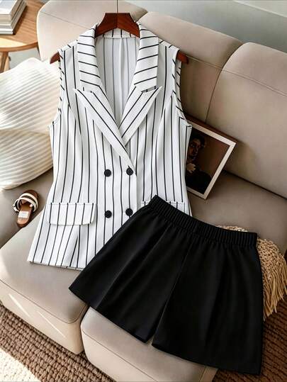 GlowEve CURVE Plus Size 2pcs Set Elegant Striped Blazer & Shorts Set