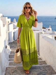 SHEIN Holidaya Women's Elegant Solid Color Contrast Lace Short Sleeve Dress, Summer - Green - View 4