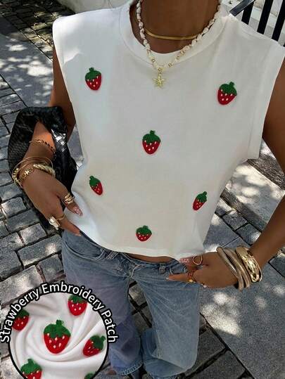 Siren Gaze Women's White Solid Tank Top With Strawberry Embroidery - Sweet Soft Girl Elegant & Refined Style, Perfect For Work, Commuting, Dates, Western Festivals & Spring/Summer Casual Wear; Breathable Retro Y2K Streetwear Rave Top For Clubs, Gym, Music Festivals & Daily Outfits