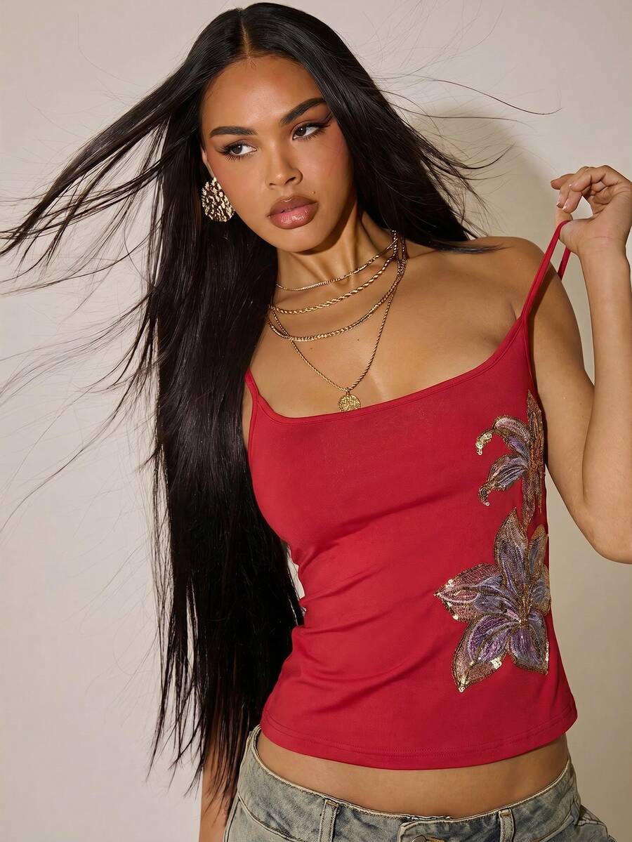 SHEIN BAE Women's Black Sequin Embroidered Camisole/Sexy Vest/Club Top/Summer Holiday Outfits/Carnival Women Look 2026/Going Out Tops/Y2K Top/Glitter Top/Black Top/Party Outfit/Music Festival Outfit, Street Style, Casual Outings White Cashmere Top, Fall/Winter Warm Top, Outerwear Layering White Top White Women's Top One Shoulder Tops - Red - View 1