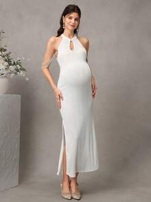Cheriluna Maternity 孕妇纯色高开衩镂空修身无袖连衣裙，适合拍照 - 白色 - 查看 3
