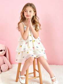 SHEIN Genkimix Kids 女童刺繡花卉雪紡分層無袖A字洋裝，適合畢業典禮、婚禮、派對 - 彩色 - 查看 3