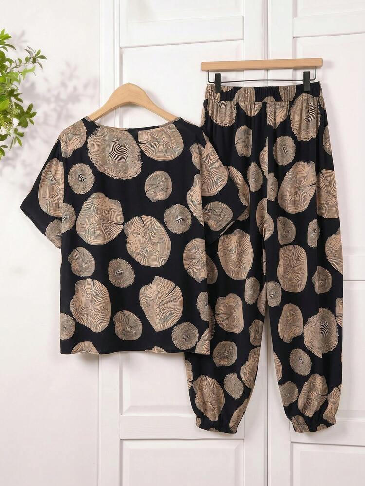 Plus Size Summer Casual All-Over Print Round Neck Short Sleeve Top And Drawstring Pants 2 Pieces Set
