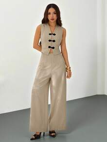SHEIN PETITE Bộ đồ nữ thanh lịch tối giản gồm áo vest ngắn cổ chữ V phối màu tương phản và quần ống rộng cạp cao, phù hợp cho đi làm hàng ngày và mặc thường ngày, màu be, thích hợp cho lễ tốt nghiệp, trang phục giáo viên, tựu trường mùa thu/đông. - Màu be - Xem 7