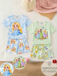 SHEIN 4件套少女碎花印花舒适短袖T恤和休闲修身短裤睡衣 - 彩色 - 查看 5
