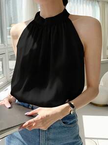 DAZY Women Business Casual Solid Halter Neck Blouse Sexy Women Tops Going Out Tops - Black - View 1
