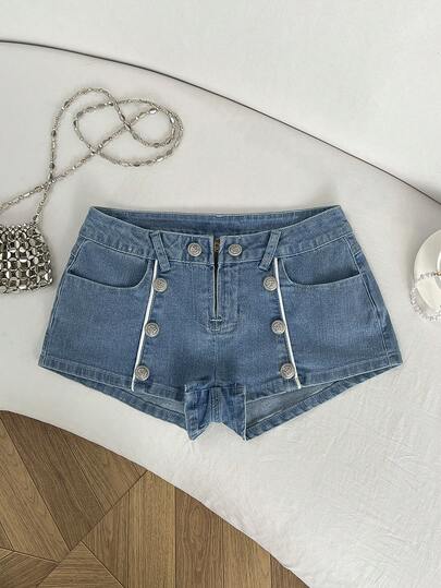 Women's Summer Fashion Contrast Color Patchwork Elastic Washed Denim Shorts