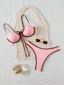 Bellisia Women's Textured Colorblock Tie Strap Bikini Set With Triangle Top And Bottom - Baby Pink - View 1