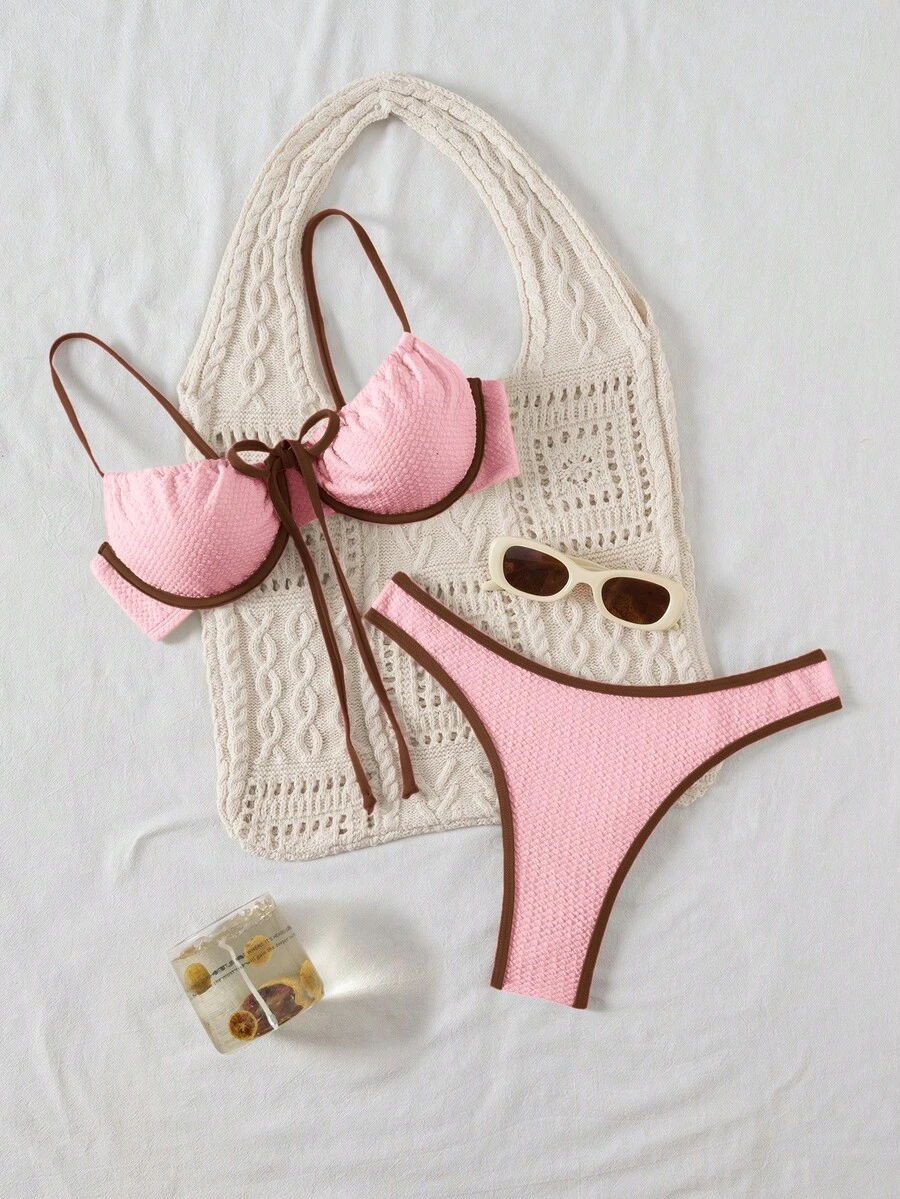 Bellisia Women's Textured Colorblock Tie Strap Bikini Set With Triangle Top And Bottom - Baby Pink - View 1