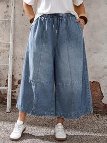 EMERY ROSE Mature Denim Quần jeans ống rộng, cạp chun, túi, dáng casual dành cho nữ cỡ lớn. - Màu xanh lam - Xem 4