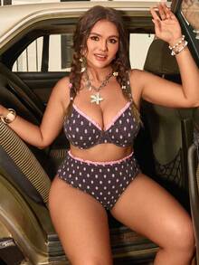 Swim Mod Plus Size Women's Sweet Fruit Print V-Neck Spaghetti Strap Swimwear Set, Suitable For Beach Vacation In Spring/Summer - Multicolor - View 4