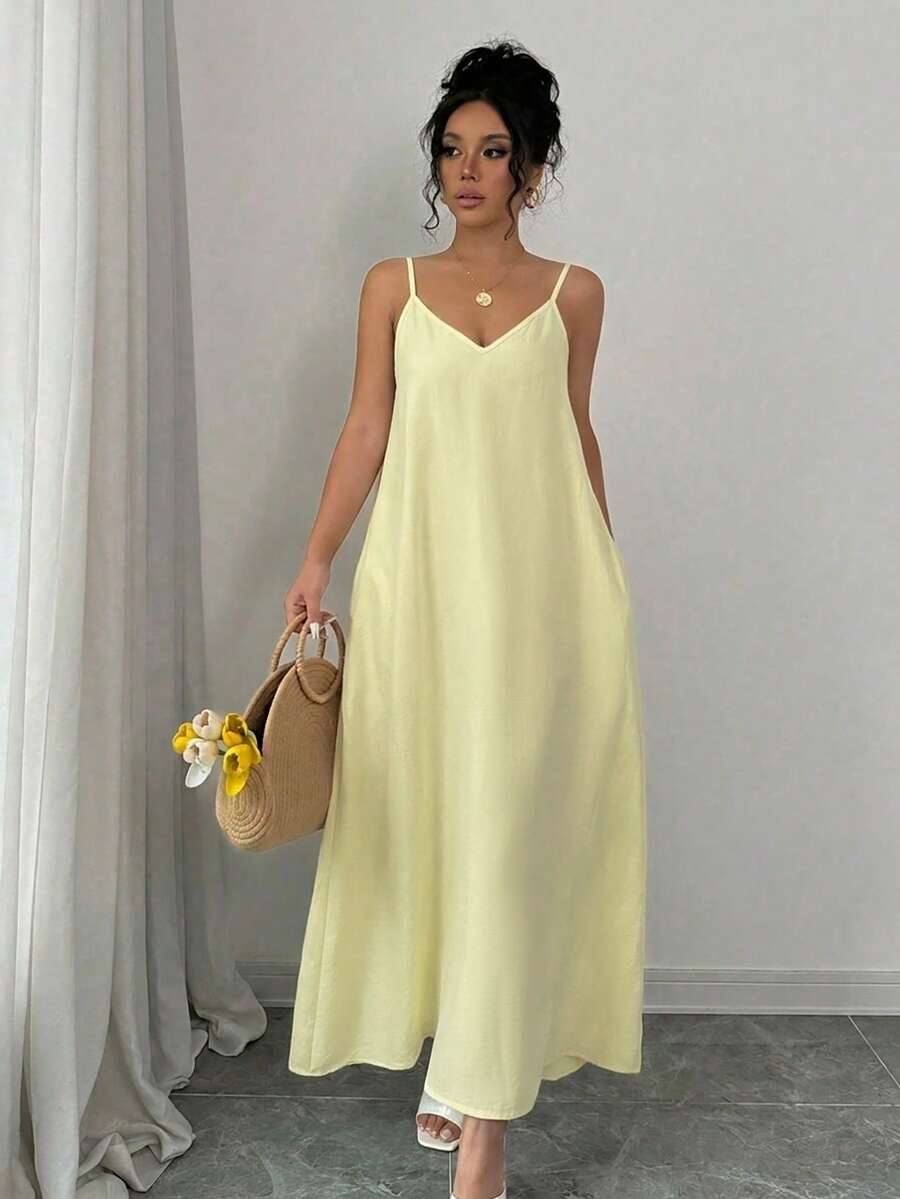 Váy dây rộng rãi màu trơn dành cho nữ - Màu vàng - Xem 1