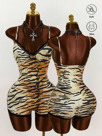Amplova Vintage Wild Lace Hem Slit Animal Print Plunging Neckline Bodycon Jumpsuit For Women, Summer