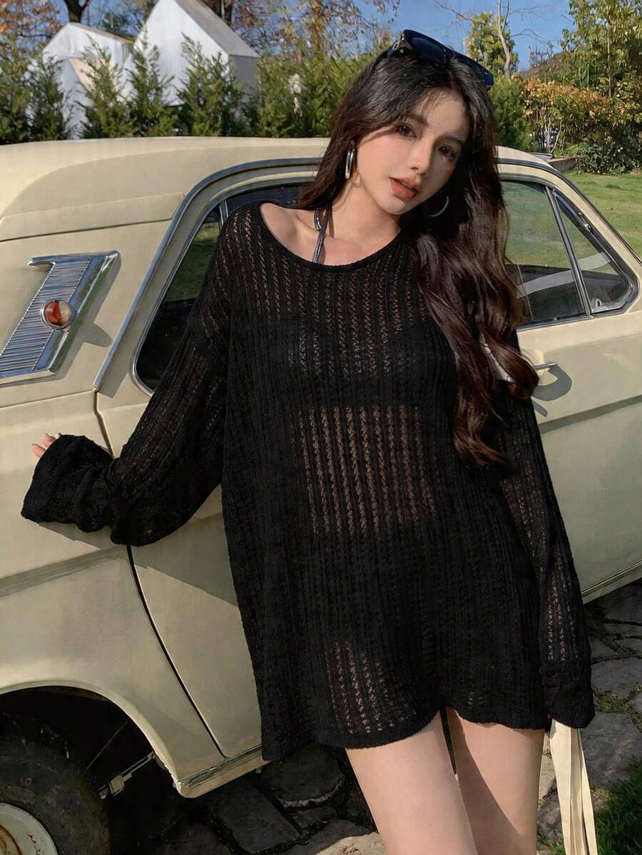 DAZY Women's Summer Vacation Solid Color Loose Long Sleeve Cover-Up Dress Beach - Black - View 1