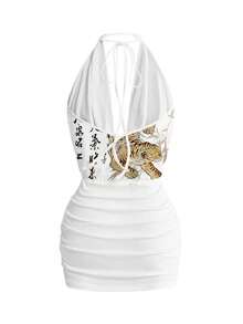 ROMWE Avant New Chinese Style Tiger Print Backless Sexy Low-Cut Halter Tie Bow Swing Dress For Summer - White - View 2