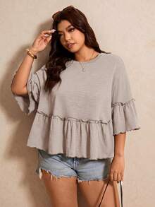 Elaquor Plus Size Solid Color Loose Patchwork Ruffle Trim Round Neck T-Shirt - Beige - View 5