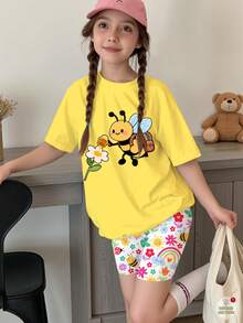 2pcs/Set Tween Girl Soft Summer Colour Palette Summer Casual Cute Work Cartoon Bee & Flower T-Shirt,Rainbow Insect Butterfly Print Leggings Set - Multicolor - View 1