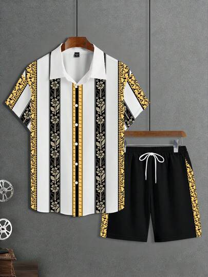 Manfinity RSRT Men's Casual Retro Print Short Sleeve Shirt And Shorts Set, Suitable As Gift For Husband