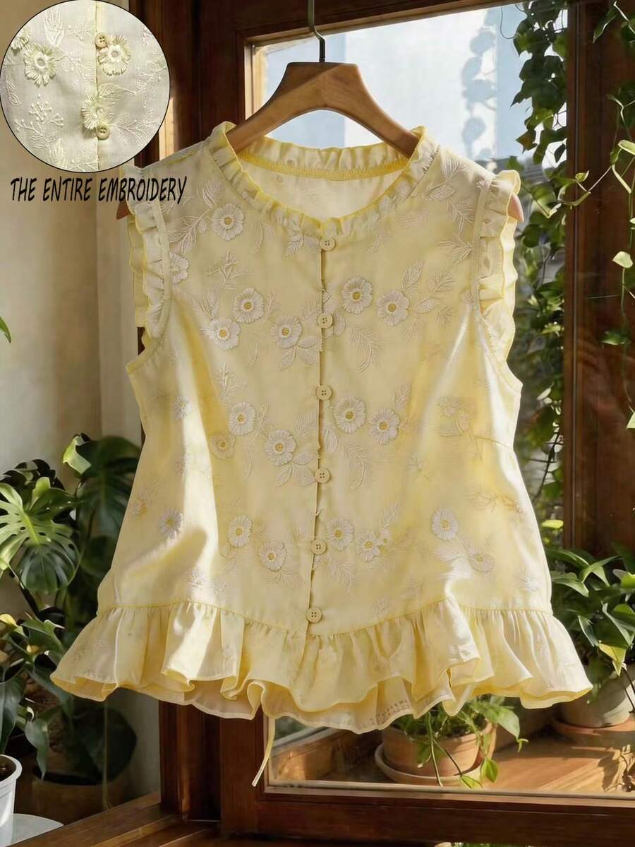 Elenzga Áo kiểu dáng lãng mạn Pháp mùa xuân/hè, chất liệu jacquard thêu họa tiết, cài cúc đơn, viền bèo nhún, thích hợp cho kỳ nghỉ, hẹn hò, phong cách quý cô trưởng thành. - Màu vàng - Xem 1