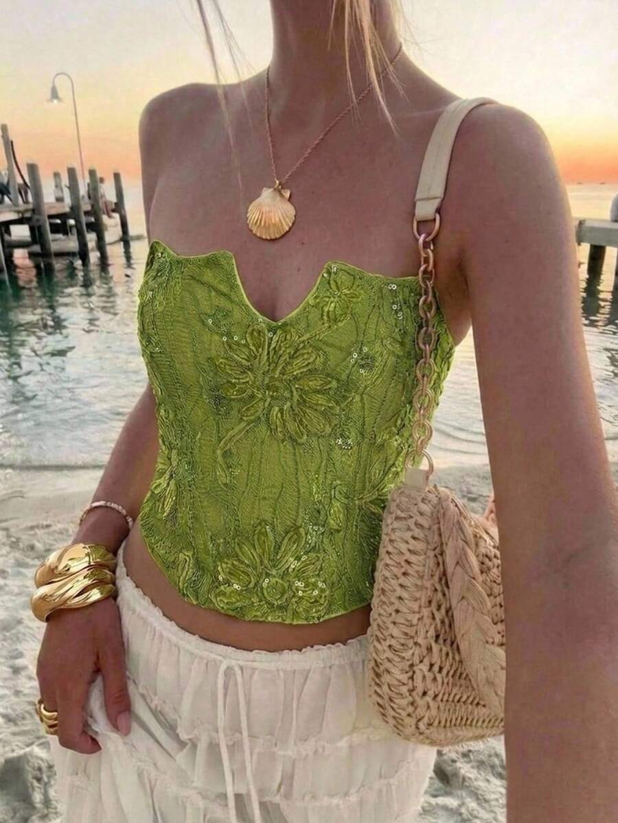Aloruh 女款優雅綠色花卉刺繡亮片抹胸上衣,夏季熱帶度假風無肩帶束腰上衣,波希米亞法式風格,適合節慶電音派對 - 綠色 - 查看 1