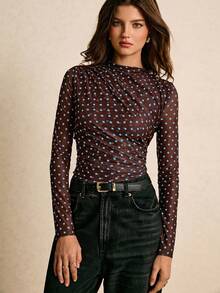 Poéselle T-shirt décontracté à manches longues ajusté et froncé à pois pour femmes - Multicolore - Voir 7
