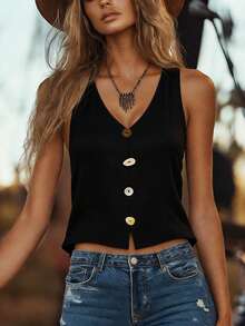 EMERY ROSE Women's Solid Color Button Design V-Neck Casual Boho Tank Top Vacation Black Summer - Black - View 1