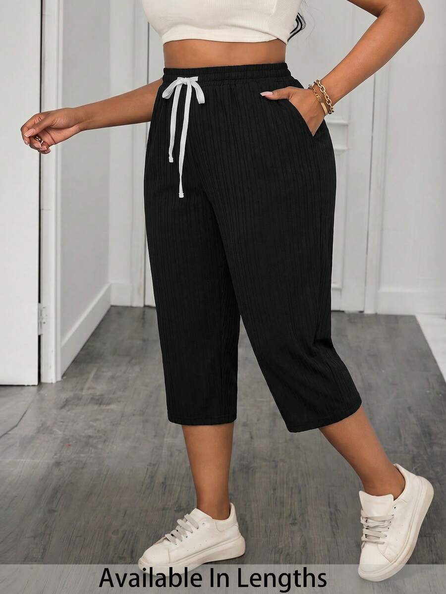 SHEIN PETITE CURVE 大码女式纹理抽绳腰带口袋阔腿裤 - 黑色 - 查看 1