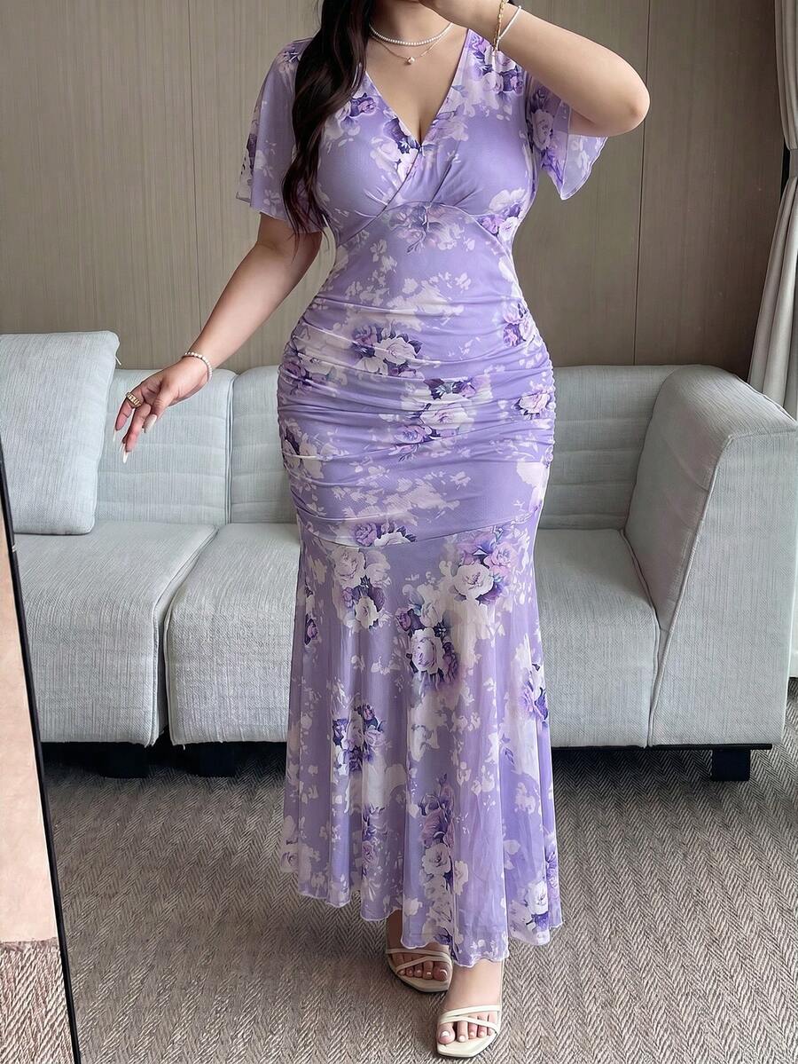 Vibekara 大码女士印花修身优雅美人鱼连衣裙 - 紫色 - 查看 1
