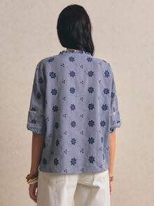 Poéselle Women's Casual/Work Plaid Floral Embroidered Shirt,  Women's Plaid Blouse  ,Blue Top , Casual Blouses For Women,Vacation Outfits ,Summer Tops - Blue - View 6