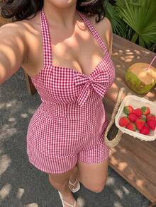 SHEIN MOD Bộ jumpsuit kẻ caro buộc dây cổ dễ thương dành cho nữ cỡ lớn, trang phục mùa hè thường ngày. - Đỏ và trắng - Xem 6
