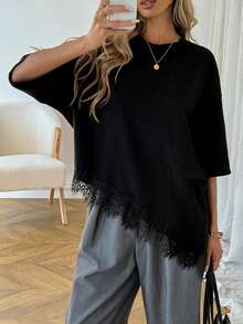 SHEIN LUNE 2 chiếc áo thun nữ màu trơn dáng suông, phối ren, kiểu dáng thường ngày, thích hợp cho mùa xuân và hè. - Nhiều màu - Xem 8