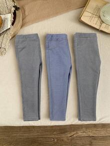 SHEIN LMoss Kids LMoss 女童三件套纯色针织打底裤休闲套装 - 黑色 - 查看 4