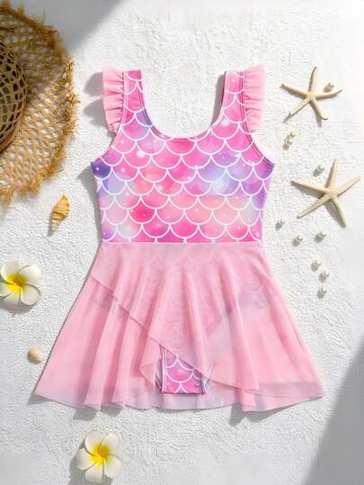 SHEIN Girls' One-Piece Swimsuit With Fish Scale Print, Mesh Ruffle Hem, Minimalist & Fashionable, Quick-Dry Comfortable Knit Fabric, Suitable For Swimming Pool, Beach, Surfing, Vacation, Summer Travel, Random Print Toddler Mermaid Dress Pink Swim Shirt For Girls Kids Swim Dress Girls One Piece Swimsuit With Skirt Kids Swimsuits Pink Mermaid Dress For Kids Girls One Piece Swimwear With Skirt Short Sleeve Swimsuit For Girls With Skirt Girls Princess Swimsuit Kids Swim Suit With Skirt Mermaid Kids Dress