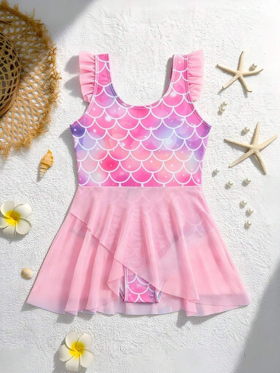 SHEIN Girls' One-Piece Swimsuit With Skirt Fish Scale Mermaid Print Mesh Ruffle Hem Quick-Dry Swimwear For Kids,Summer,Beach,Holiday Princess Swim Dress - Multicolor - View 1