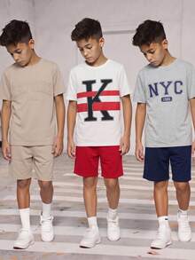 SHEIN 6件組兒童/青少年男孩休閒寬鬆字母圖案圓領T恤與短褲套裝，白色夏季街頭風校園返校日常運動 - 彩色 - 查看 3