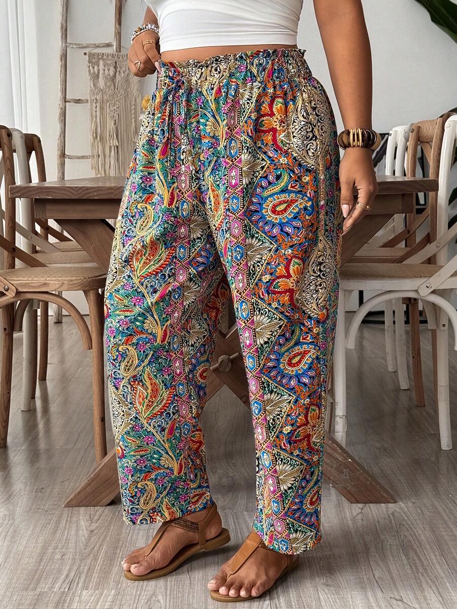 SHEIN VCAY Plus Size Women Loose Casual Boho Pants With Tie Waist And Frill Trim Vacation Royal Blue Autumn Fall Vacation Beach - Multicolor - View 1