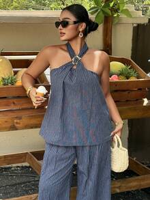 Dazy Plus Fashionable Striped Halter Metal Buckle Decor Sleeveless Top And Loose Wide Leg Pants Two Pieces Set, Plus Size, Blue, Spring/Summer Resort Style - Navy Blue - View 2