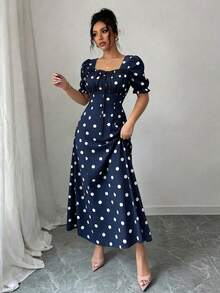 Rafferiza Đầm nữ thanh lịch in hoa, cổ vuông, viền bèo nhún, tay bèo nhún, thích hợp cho mùa xuân, hè và thu, đầm ngắn. - Nhiều màu - Xem 5