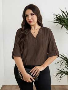 Modelyn Plus Size Women's Solid Color Cuffed Sleeve Pleated Design Casual Shirt - Coffee Brown - View 6