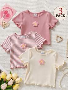 SHEIN Playful Pals 3pcs/Set 4-7 Years Old Girls Tops,Pastel Pink,Summer,3D Floral,Striped,Solid Color Ruffle Hem Short Sleeve T-Shirts,Soft Sweet Cute Versatile Style - Multicolor - View 4