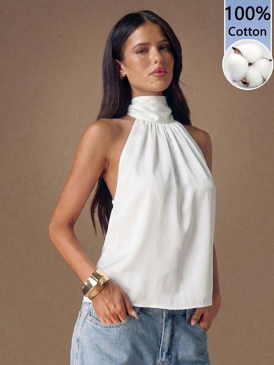 SHEIN BAE Áo croptop nữ 100% cotton màu trắng hở lưng cổ yếm gợi cảm - Hoàn hảo cho các lễ hội âm nhạc, kỳ nghỉ, đám cưới, khách mời đám cưới, hẹn hò lãng mạn, lễ hội miền Tây, kỳ nghỉ hè trên bãi biển, v.v. - Nhiều màu - Xem 1