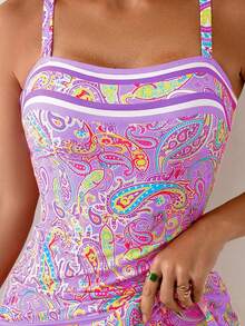 SHEIN Swim 2026新款女款泳衣兩件套，三角比基尼泳褲配印花圖案，適合海灘、泳池派對、休閒與度假，春/夏季 - 淡紫色 - 查看 4