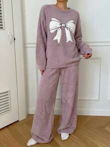 DAZY Plush Knit Butterfly Decor Loose Pajama Set, Winter - Mauve Purple - View 3