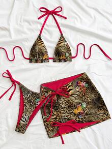 Soleia Bộ bikini họa tiết da báo mới dành cho nữ, kèm váy, họa tiết đồng bộ, kiểu buộc dây cổ, thiết kế thời trang và gợi cảm. - Nhiều màu - Xem 5