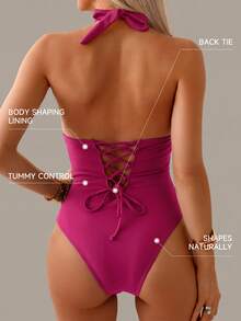 Shapewave Tummy Control One-Piece Swimsuit With Solid Color Design, Halter Neck And Criss-Cross Back Holiday Beach Holiday Summer - Red Violet - View 2