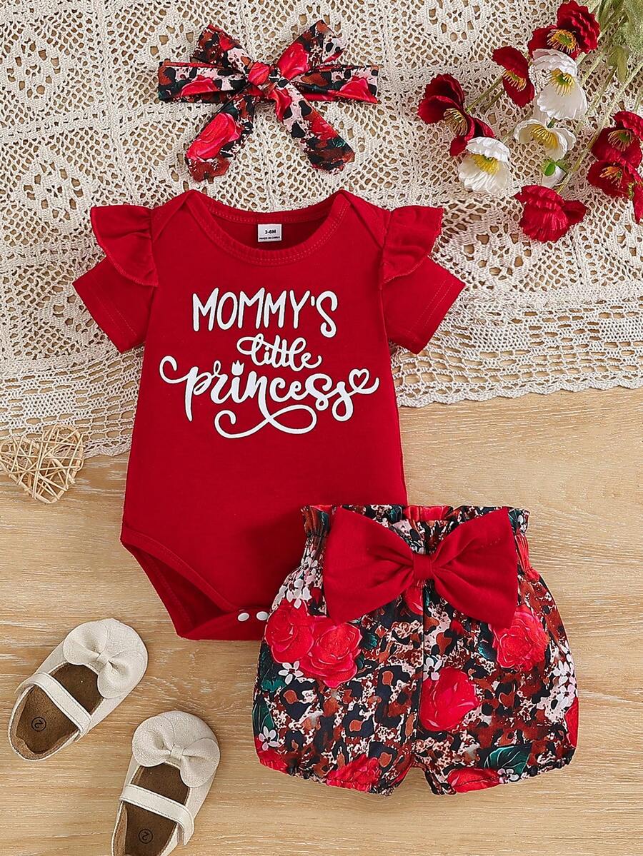Bộ 2 bộ áo liền quần in chữ tay lửng và quần short họa tiết hoa cho bé gái mùa hè - Đỏ - Xem 1